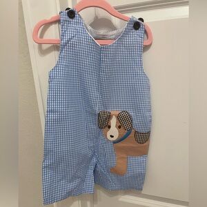 2T Lil Catcus Blue Gingham smock shortall with puppy NWT
